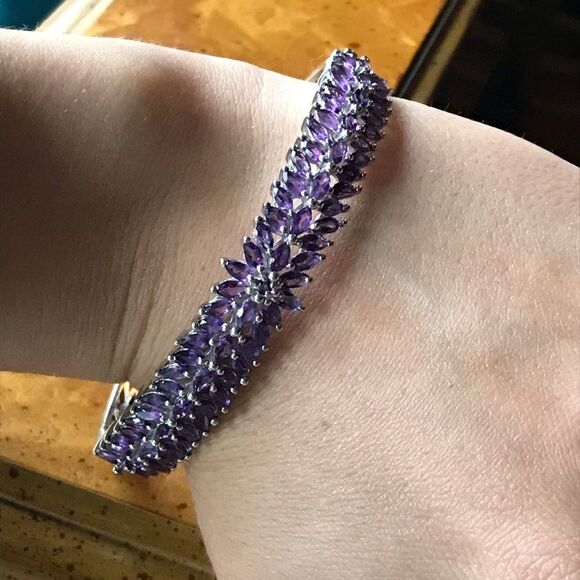 Natural African Amethyst Sterling Silver Bangle Bracelet - Picture 3 of 11
